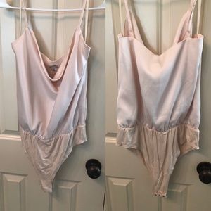 Silky cream cowl neck spaghetti strap bodysuit with snaps and adjustable straps!